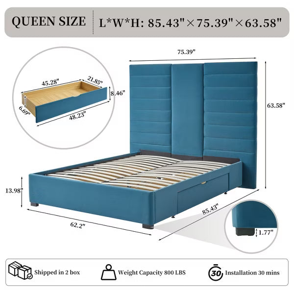 Platform Bed Frame with 2 Storage Drawers,63" Tufted Velvet Headboard,Wooden Slats,Sturdy Frame,Noise-Free,Easy Assembly