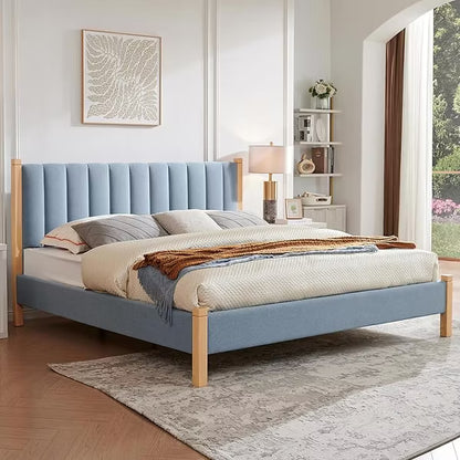 LEOVSNOVE Upholstered Platform Bed Frame Vertical Channel Tufted Headboard Silent Design No Box Spring Needed Easy Assembly