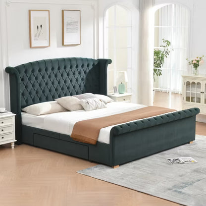 King Size Upholstered Sleigh Bed with 2 Storage Drawers,Elegant Curved Headboard&Footboard,Soft Velvet,No Box Spring Needed,Easy Assembly,Green