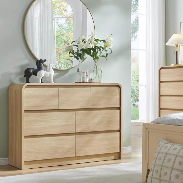 SinCiDo Modern 7 Drawers Dresser 47" Wide Chests of Drawers w/ Curved Profile Design Natural Texture for Bedroom,Living Room