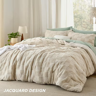 3 Pieces Bedsure Full Size Comforter Set Beige Tufted Checkboard Boho Tufted Checkered Farmhouse Shabby Chic Bedding Valentine gift OEKOTEX Certified