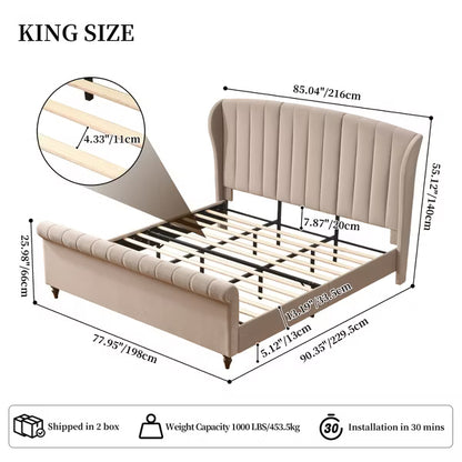 King Size Platform Bed Frame 54" Tall Curved Wingback Headboard,Velvet Upholstered,Wooden Slats,Noise-Free ,No Box Spring Needed,Easy Assembly,Taupe
