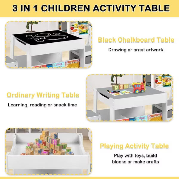 Kinder King Kids Wood Table & 2 Chairs Set, 4 in 1 Children Activity Table w/Double Bookcase, Blackboard, Toddler Furniture Set