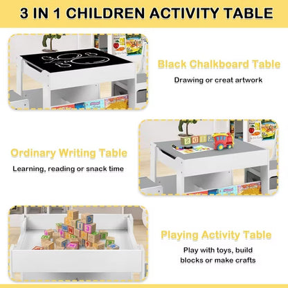 Kinder King Kids Wood Table & 2 Chairs Set, 4 in 1 Children Activity Table w/Double Bookcase, Blackboard, Toddler Furniture Set