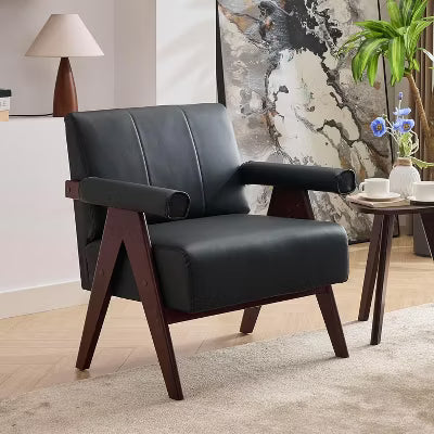 TYBOATLE Black Faux Leather Chair, Mid-Century Accent Chair with 7-inch Thick Seat Cushion For Office, Study Room