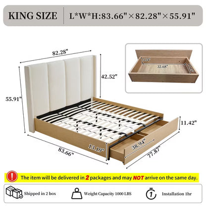 Upholstered Platform Bed with 2 Footboard Storage Drawers,Vertical Channel Tufted Headboard,No Box Spring Needed,Easy Assembly