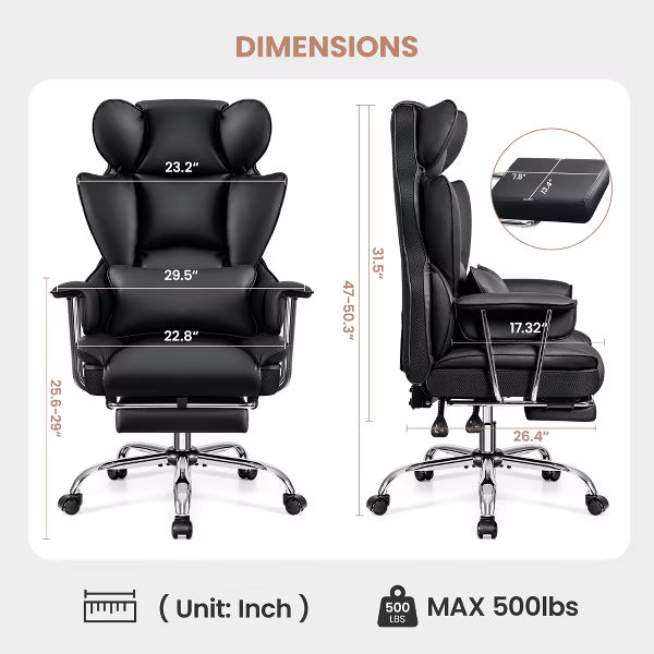 KERDOM Office Desk Chair, Big and Tall Executive Chair with Footrest, Ergonomic Reclining High Back Support, Black