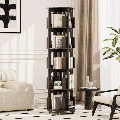 ATJafurn 17.7'' 360° Rotating Bookshelf Tower Revolving Corner Bookcase, Mid-Century Modern Dark Walnut Spinning Bookshelves For Home Office Corner