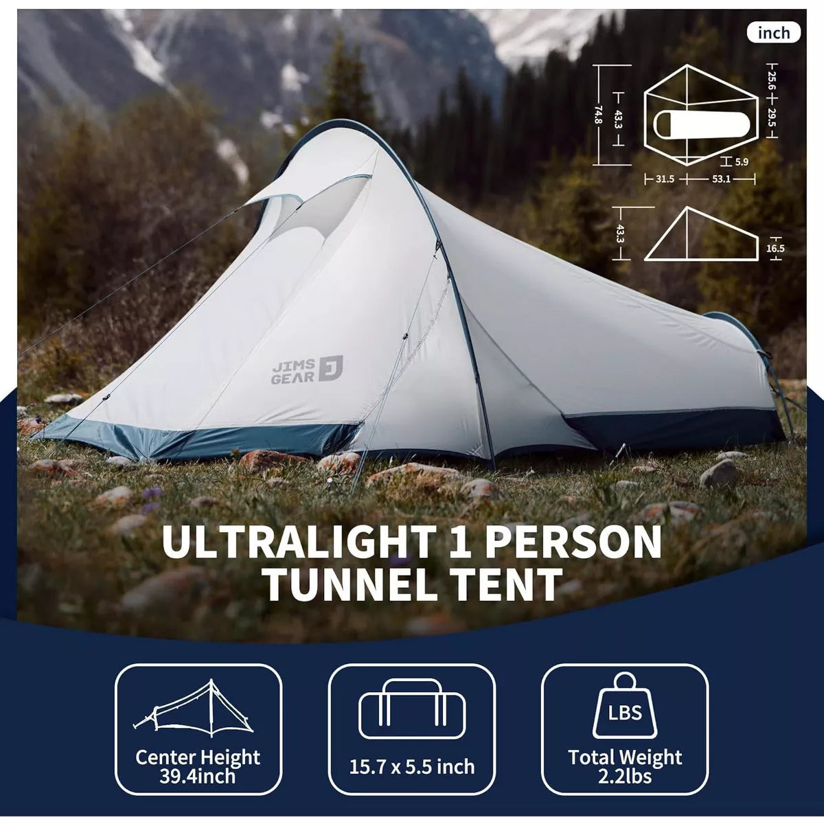 Naturehike Jims Gear Ultralight Backpacking Tent, 1-2 Person Tunnel Tent with Vestibule, Waterproof and Windproof for High-Altitude Camping