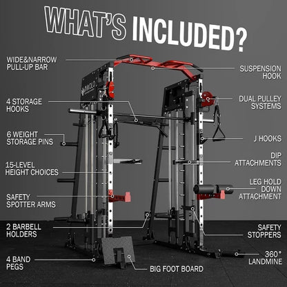 ER KANG Smith Machine, 2200lbs Squat Rack with LAT-Pull Down System & Cable Crossover Machine, Training Equipment with Leg Hold-Down Attachment