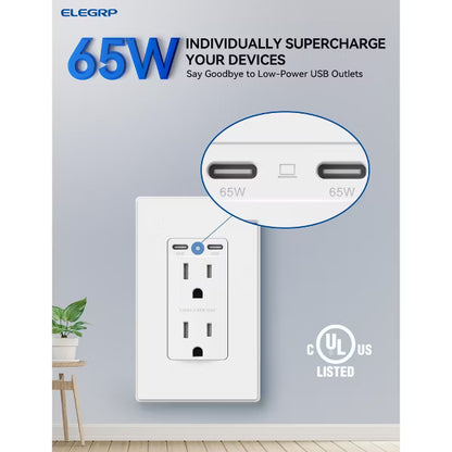 ELEGRP USB Outlets Receptacles, 65W Dual USB C Wall Outlet, Power Delivery 15 Amp Tamper Resistant Electrical Outlet, Wall Plate Included, UL Listed