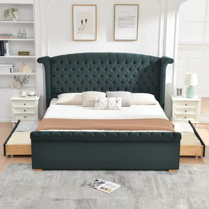 King Size Upholstered Sleigh Bed with 2 Storage Drawers,Elegant Curved Headboard&Footboard,Soft Velvet,No Box Spring Needed,Easy Assembly,Green