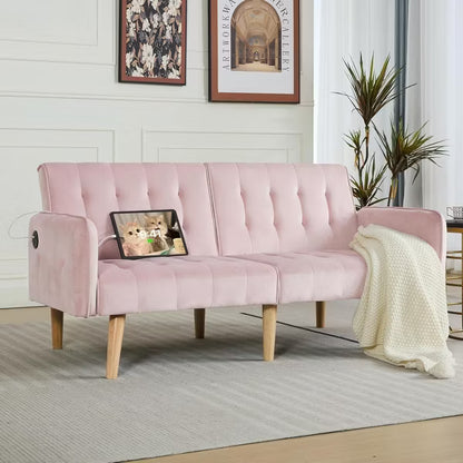TYBOATLE 65 inch Convertible Velvet Futon Sofa Bed, Modern Upholstered Couch with USB, Folding Loveseat for Small Space, Apartment, Office