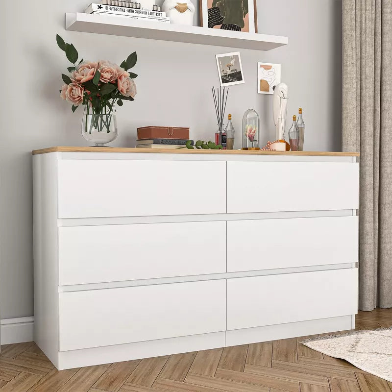 Resenkos Modern Mid Century 6 Drawer Wide Dressers Chests for Bedroom, Chest of Drawer Organizer Grey