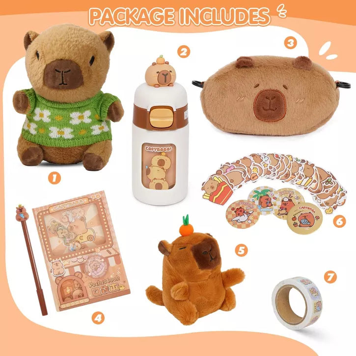 Capybara Plush for Kids 4-10+ Year Old Birthday Gift Cute Capybara Plush Set with Stuffed Animal/Cup/Notebook/Bag/Pen/Stickers/Badge/Keychain