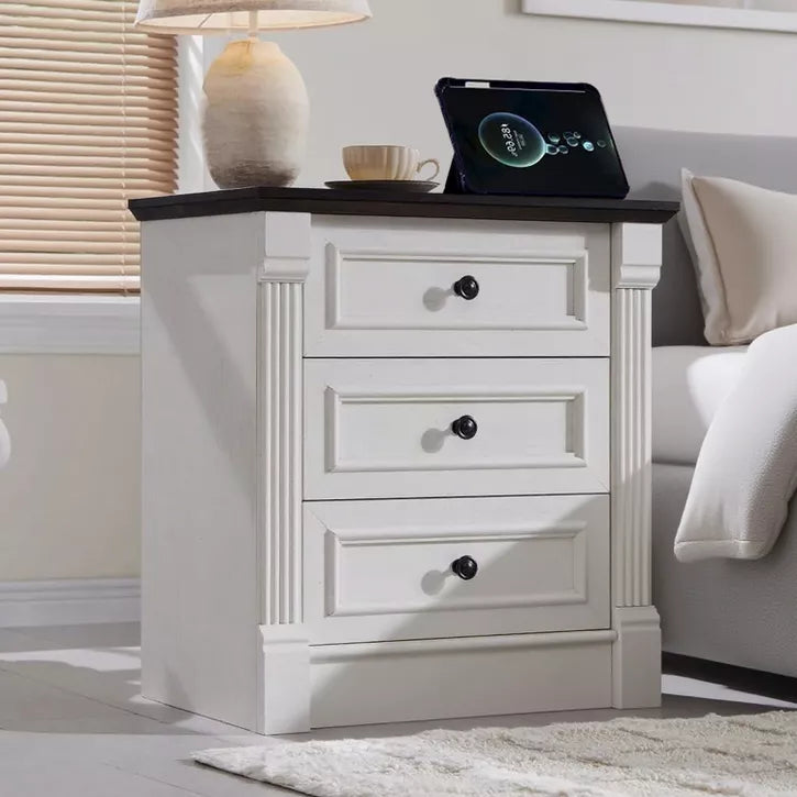 Nightstand with Charging Station & 3 Drawers, Farmhouse 23.6in Wide Nightstands with Roman Column, End Table for Bedroom