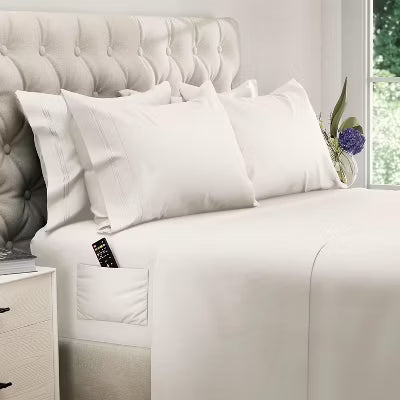 Hoey Full Size 4-Piece Microfiber Sheet Set ¨C Deep Pocket Bed Sheets with Embroidered Pillowcase and Storage Pocket (White)