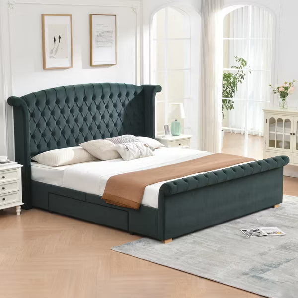 Upholstered Sleigh Bed with 2 Storage Drawers,Elegant Curved Headboard&Footboard,Soft Velvet,No Box Spring Needed,Easy Assembly