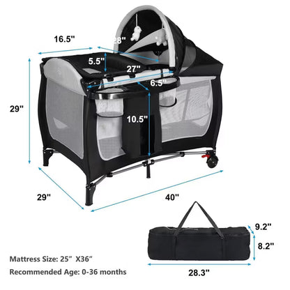 Kinder King 4-in-1 Portable Pack 'n Play with Bassinet, Changing Table, Adjustable Canopy, Storage Basket & Travel Bag – Infant to Toddler Playard