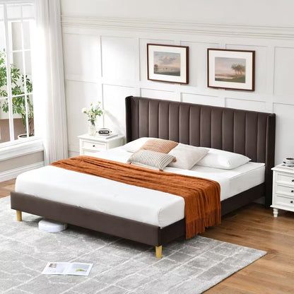 Elegant Upholstered Platform Bed with Vertical Channel Tufted Headboard No Box Spring Needed Noise-Free Easy Assembly