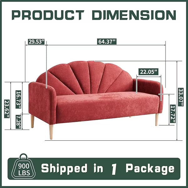 Mid Century Modern 2-Seater Shell Back Sofa - Linen Fabric with Wooden Legs, 6 Colors, Easy Quick Assembly