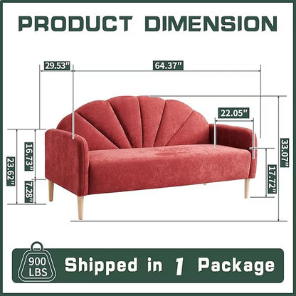 Mid Century Modern 2-Seater Shell Back Sofa - Linen Fabric with Wooden Legs, 6 Colors, Easy Quick Assembly