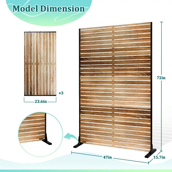 TOAOTBNBO 3-Panel Metal Privacy Screen, Decorative Privacy Fence Panels with Stand, Outdoor Privacy Screen for Patio, Natural Oak