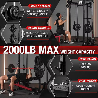 ER KANG Power Cage, 2000LB Squat Rack, Dual Pulley Cable Crossover System, Multi-function Free Weight Home Gym Workout Machine with Attachments