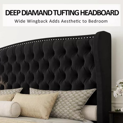 AMERLIFE Platform Bed Frame, Velvet Upholstered Bed with Deep Button Tufted