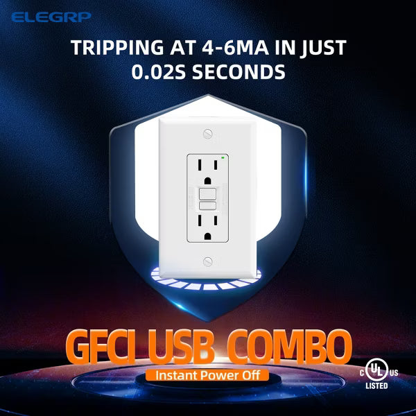 ELEGRP GFCI Outlet Self-Test, 15 Amp 125V NO Tamper Resistant Duplex wall outlet, with Glossy Wall Plate, UL Listed