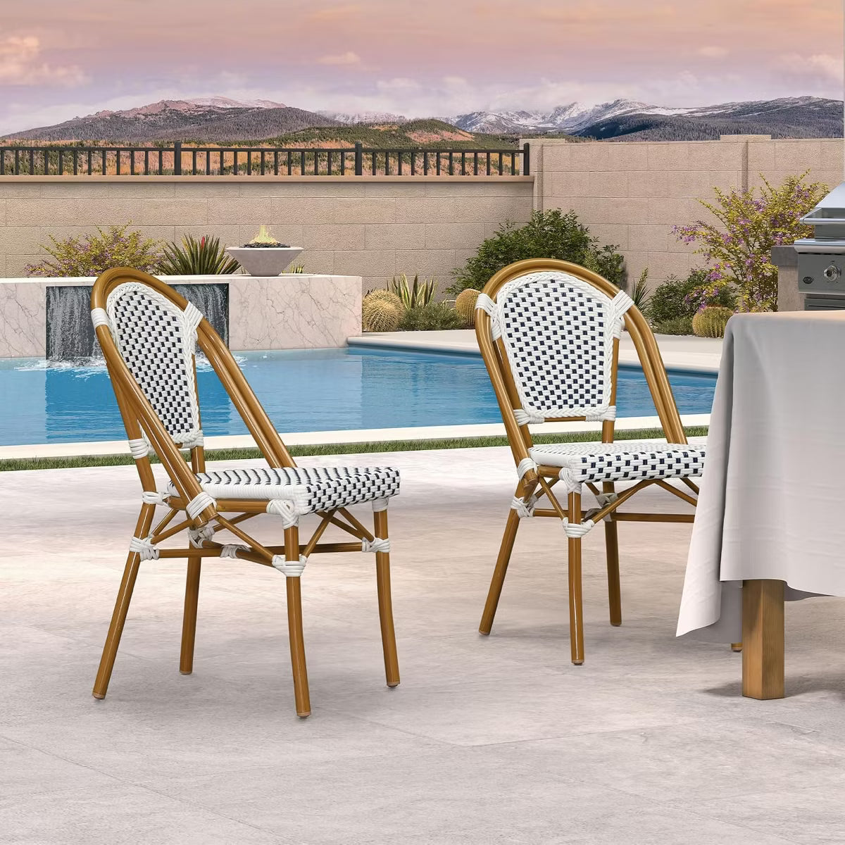 BOSMILLER 3 Piece Patio Bistro Set, Outdoor Wicker Round Table and 2 Dining Arm Chairs, French Table Chair Set for Garden Balcony