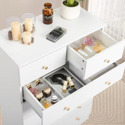 Resenkos 5 Drawer Dresser with Gold Handle, Nursery Dresser Chest Of Drawers Organizer, White