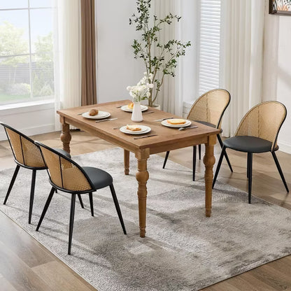 TYBOATLE Rattan Dining Chairs Set of 4, Black Mid-Century Modern Chairs with Faux Leather Cushion & Adjustable Foot Pads for Kitchen or Dining Room