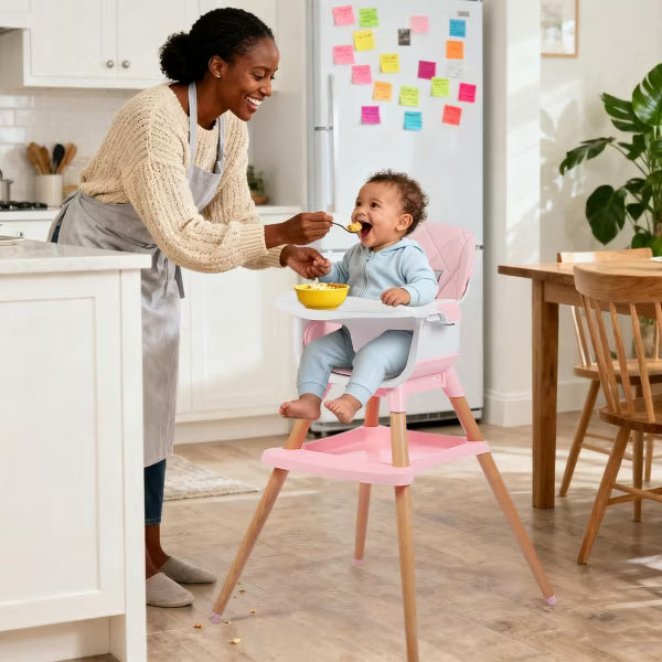 Kinder King 7 in 1 Baby High Chair Convert to Wooden Feeding Chair Removable Tray 5-Point Harness Gray