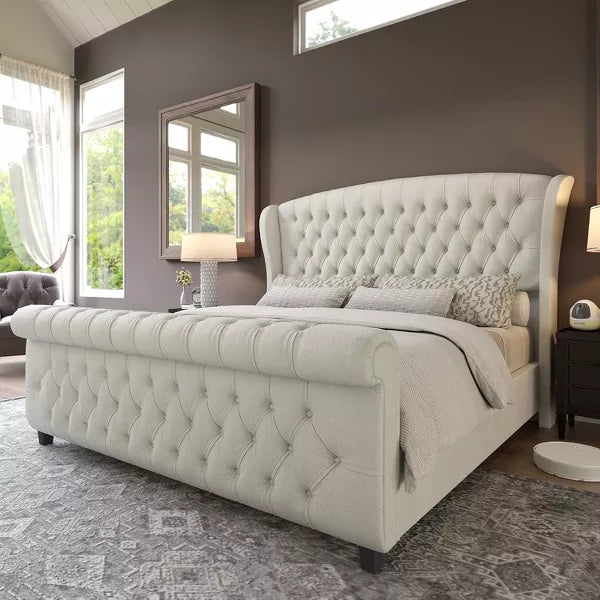 AMERLIFE Platform Bed Frame, Velvet Upholstered Bed with Deep Button Tufted