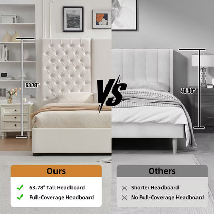 King Platform Bed Frame with Storage Drawers Velvet Upholstered 63" Tall Button Tufted Headboard,Wooden Slats,No Box Spring Needed,Easy Assembly,Cream