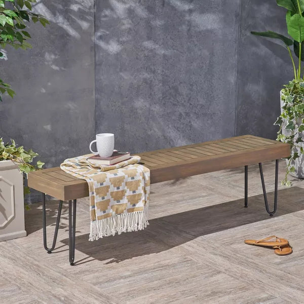 Wooakway Modern 61" L Weather-resistant Patio Bench With Powder-Coated Metal Hairpin Legs & Acacia Wood Top For Garden Sunroom Poolside Decoration