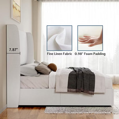AMERLIFE Bed Frame with Lift Up Storage,Linen Upholstered Platform Bed,Wingback Headboard