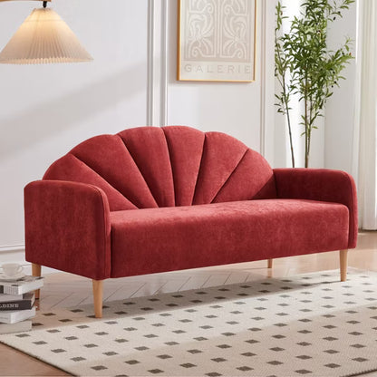 Mid Century Modern 2-Seater Shell Back Sofa - Linen Fabric with Wooden Legs, 6 Colors, Easy Quick Assembly