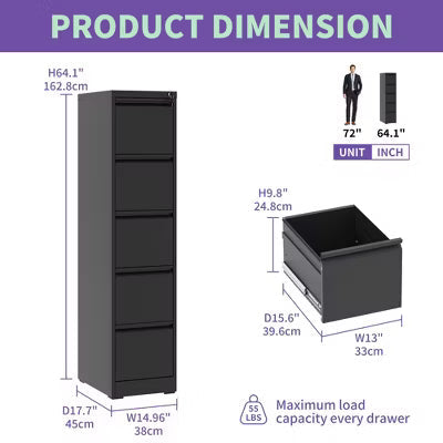 VIYET 64" 5-Drawer Metal Vertical File Cabinet with Lock, Tall Filing Cabinet for Home Office, Fits Letter, Legal & A4 Files