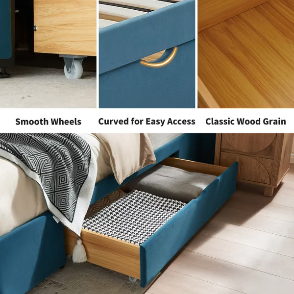 Queen Size Platform Bed Frame with 2 Storage Drawers,63" Tufted Velvet Headboard, Wooden Slats, Sturdy Frame,Noise-Free,Easy Assembly,Dark Blue