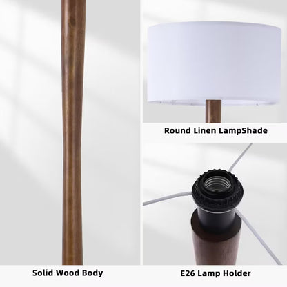 61" Modern Walnut Wood Column Floor Lamp with White Linen Drum Shade for Living Room, Bedroom, Office, Study, Hallway & Entryway