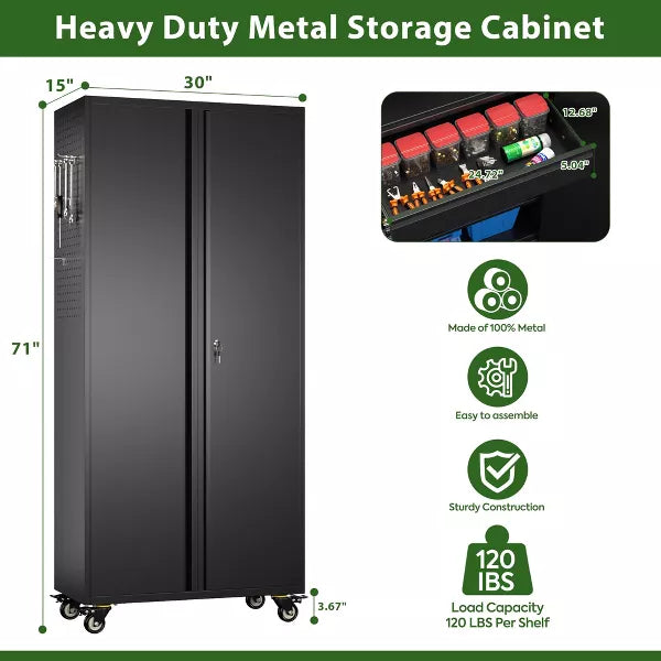 SUXXAN 71" H Metal Garage Storage Cabinet with Wheels, Pegboard and Drawer, Assembly required
