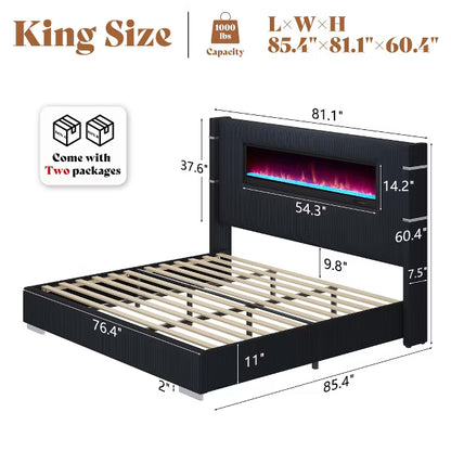 AMERLIFE Modern Bed Frame with Fireplace, Wingback Platform Bed Frame with 60.4“ Extra Tall Headboard