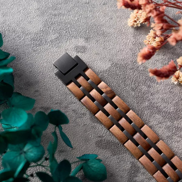 Men's Stainless Steel and Walnut Wood Link Bracelet, Wide Wristband with Secure Clasp