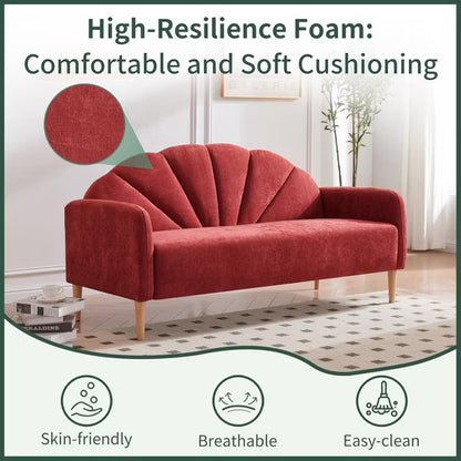 Mid Century Modern 2-Seater Shell Back Sofa - Linen Fabric with Wooden Legs, 6 Colors, Easy Quick Assembly