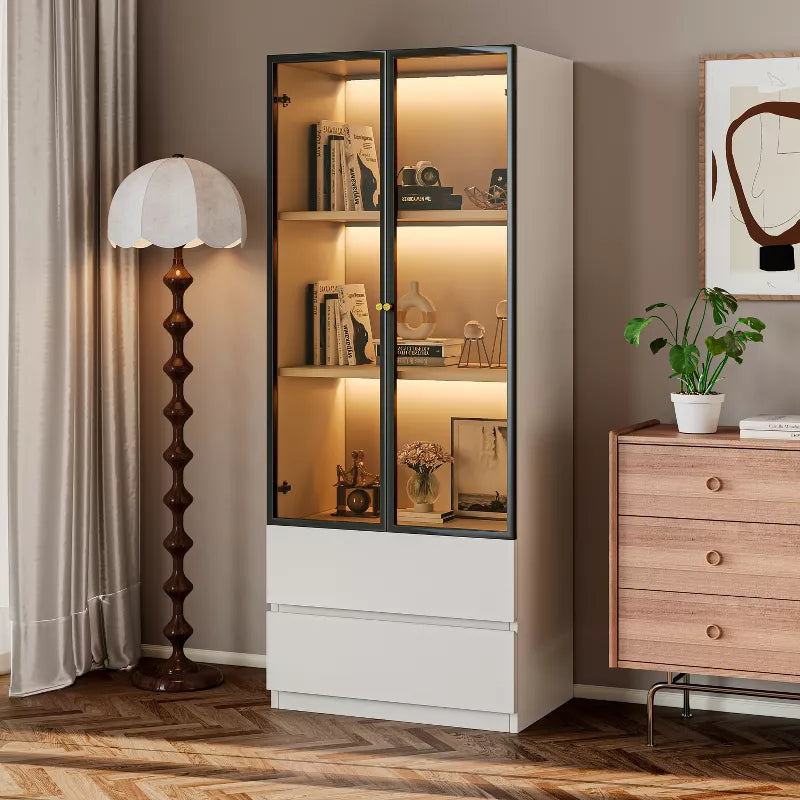 ATJafurn 23.6'' Lighted Glass Display Cabinet, Modern Dining Storage China Cabinet With Glass Doors For Kitchen Dining Room and Living Room White