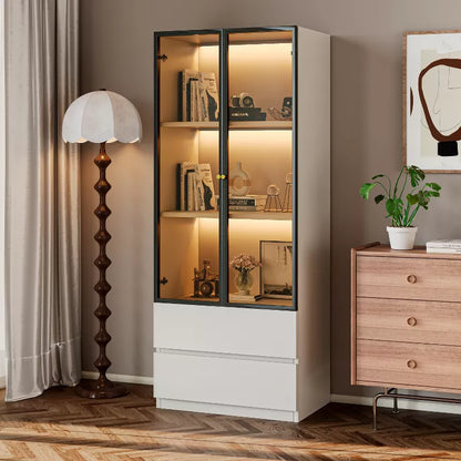 ATJafurn 23.6'' Lighted Glass Display Cabinet, Modern Dining Storage China Cabinet With Glass Doors For Kitchen Dining Room and Living Room White