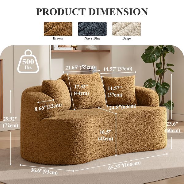 KERDOM 65.35" Curved Back Teddy Bear Fabric Sofa with Comfy Seat Cushion and 3 pillows, Suitable For Living room, Brown