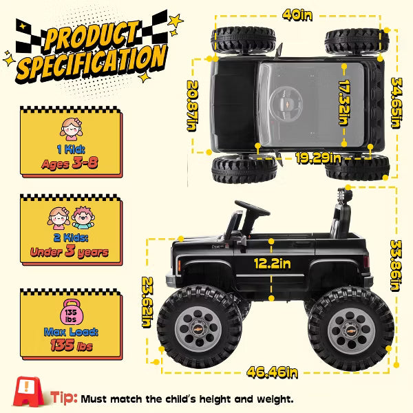 Joyracer Chevrolet 24V 4WD 2-Seater Ride On Truck for Kids, Electric Ride On Toys Cars with 7Ah Battery, Remote Control & MP3